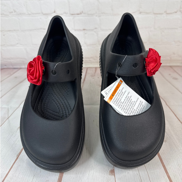 Crocs Stomp Rosette Mary Jane Black Red Rose Platform Clog Sandals M Sz 6/W Sz 8 - Picture 6 of 9